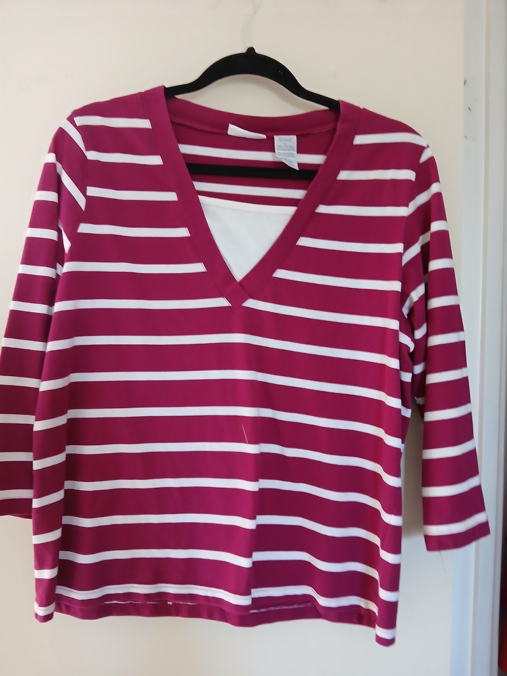 Women's V-Neck Striped Long Sleeve Top - Magenta/White By Ms. LEE